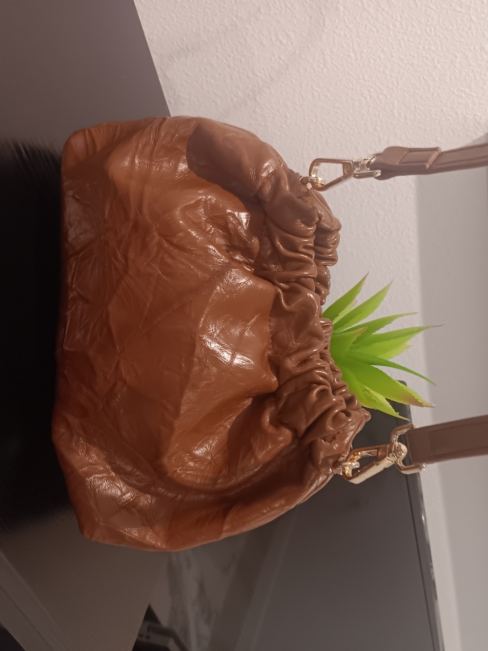 & Other Stories Cognac Ruched Mini Shoulder Bag with Gold Hardware